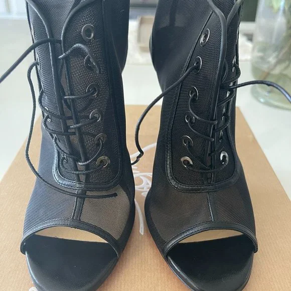 Christian Louboutin Black Mesh Open Ondessa Lace Up Booties Size 38 1/2
